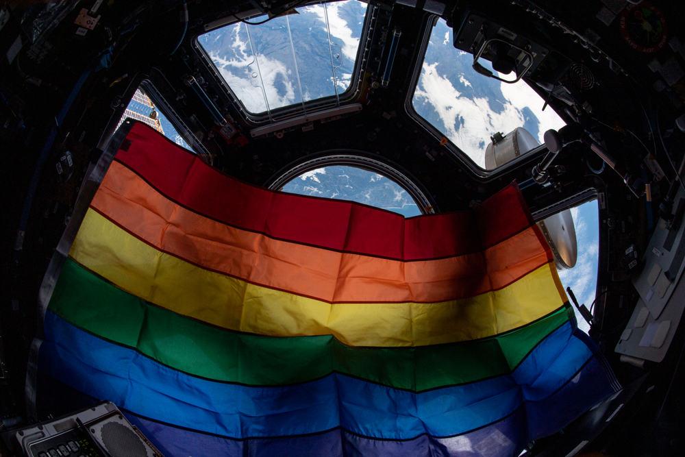 The Pride flag floating aboard the International Space Station. Credits: NASA